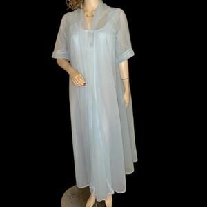 Vintage Chic Lingerie Sheer Blue Double Layer Nylon Chiffon Peignoir Robe Sz S